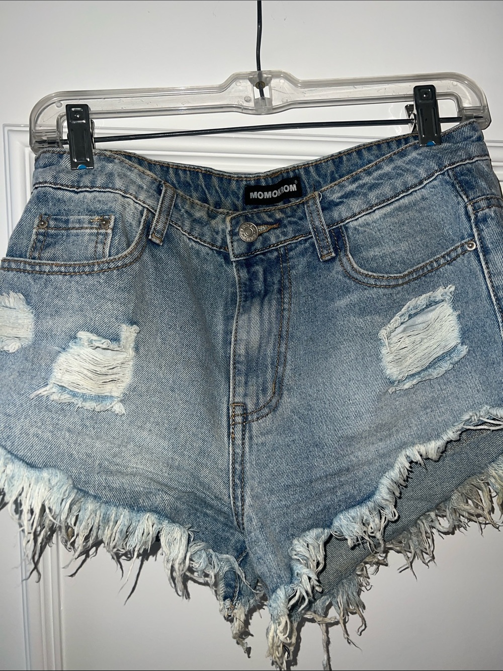 MOMOKRON Distressed Frayed Denim Shorts